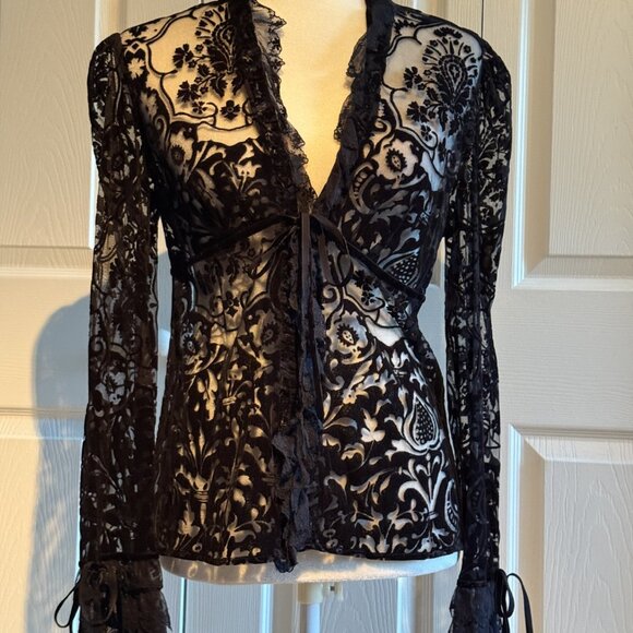 Express Tops - Women's Vintage Express Velvet and Lace Tie Front Shirt Blouse Size 7/8 Stunning